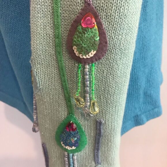 Storybook Knits Cardigan Sz Large Teal & Mint Zipper Closure Peacock Pair Print - Picture 10 of 12